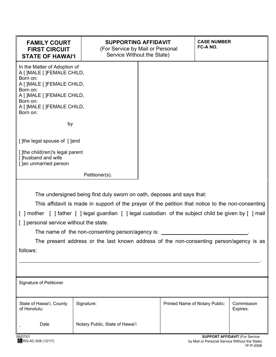 Form 1F-P-2008 Supporting Affidavit (For Service by Mail or Personal Service Without the State) - Hawaii, Page 2