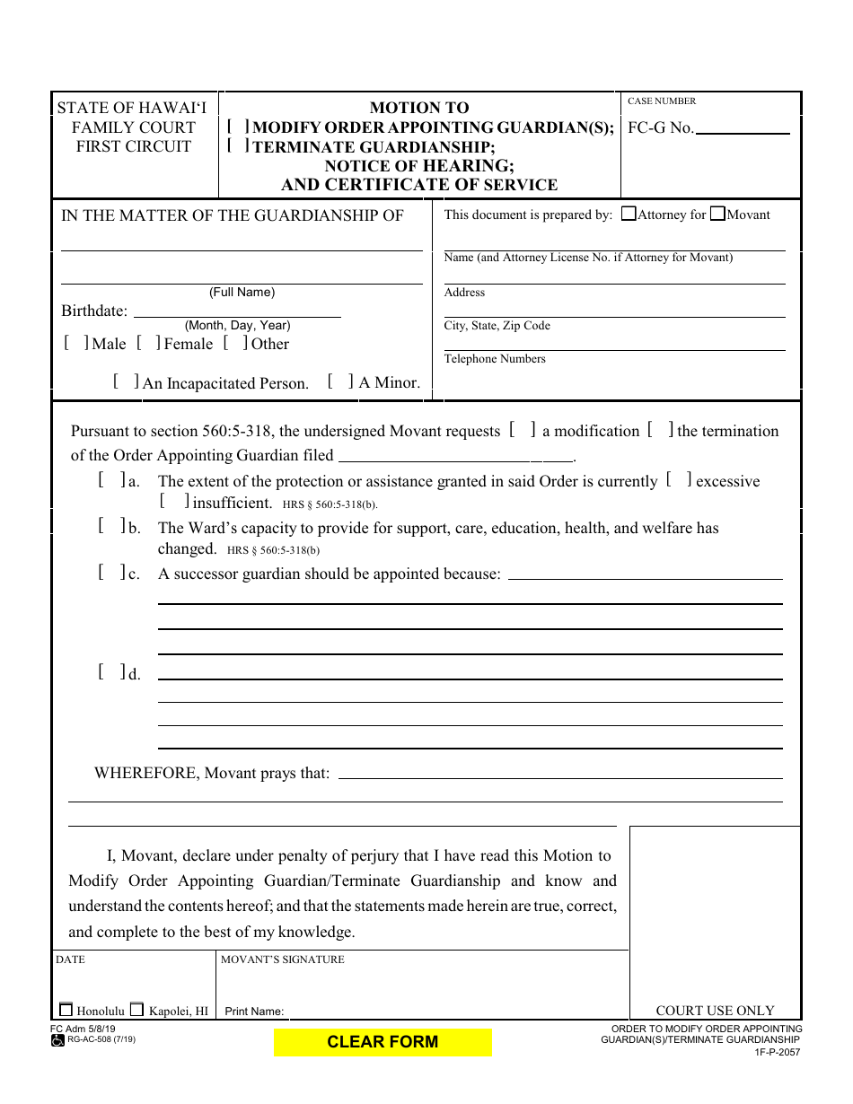 Form 1F-P-2057 Motion to Modify Order Appointing Guardian(S) / Terminate Guardianship; Notice of Hearing; and Certificate of Service - Hawaii, Page 2