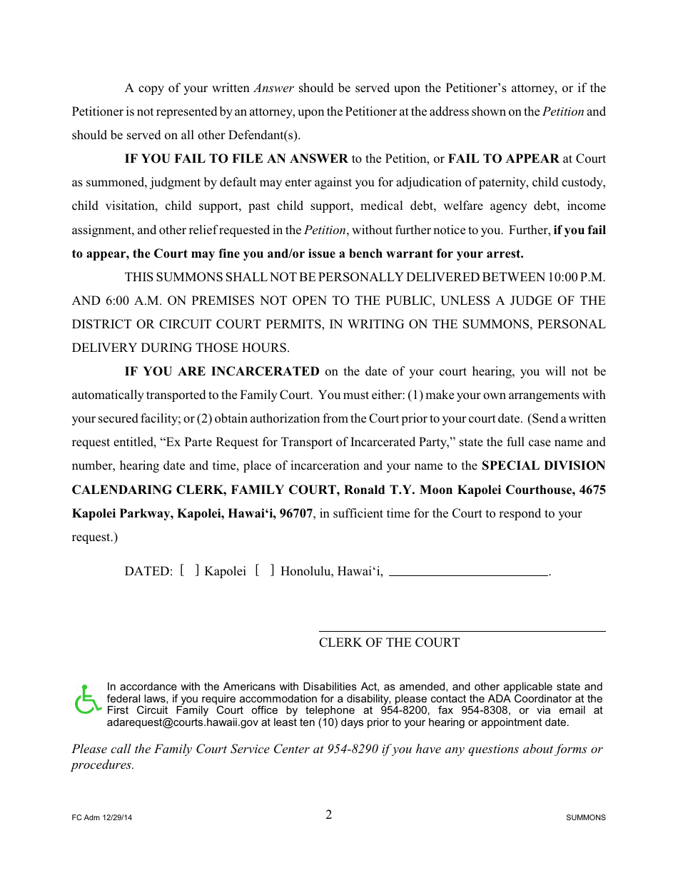 Form 1F-P-1000 Summons - Hawaii, Page 3