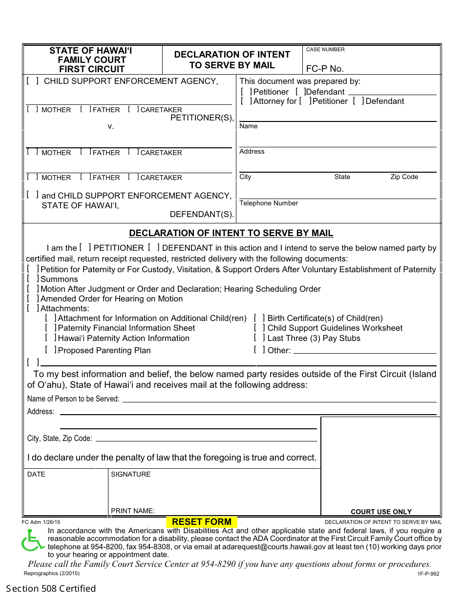 Form 1F-P-992 Declaration of Intent to Serve by Mail - Hawaii, Page 2