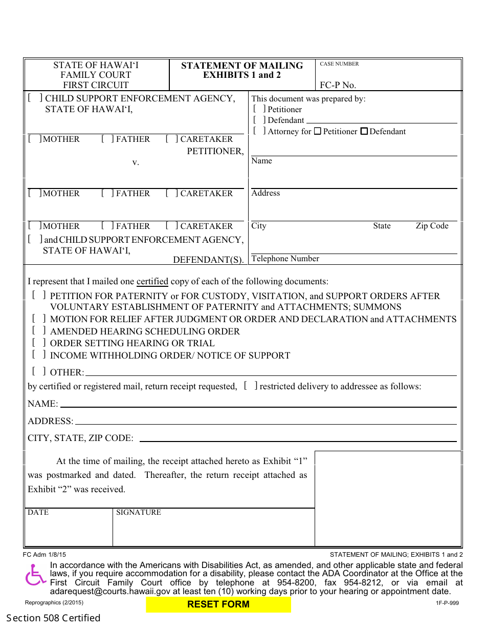 Form 1F-P-999 Statement of Mailing - Hawaii, Page 2