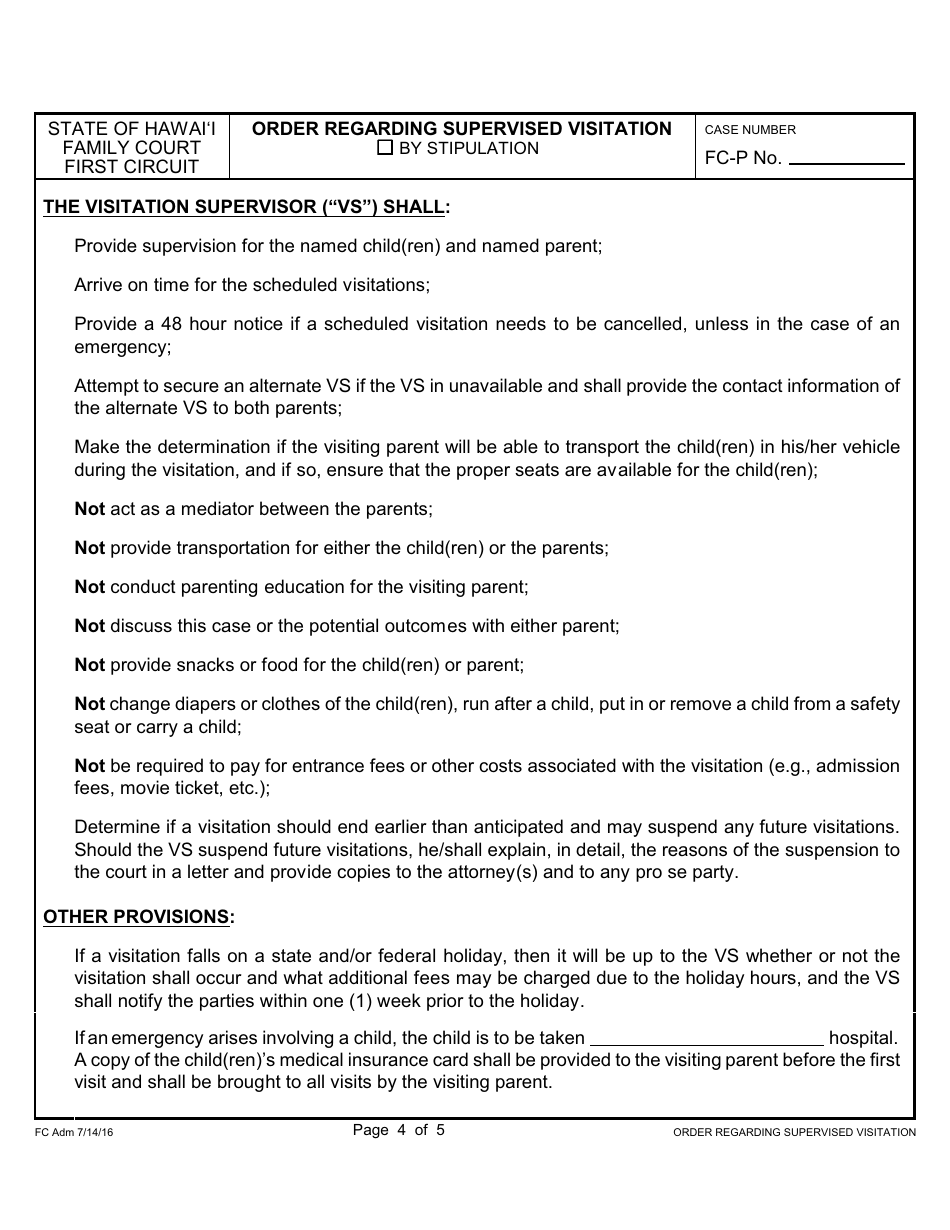 Form 1F-P-1051 Order Regarding Supervised Visitation - Hawaii, Page 5