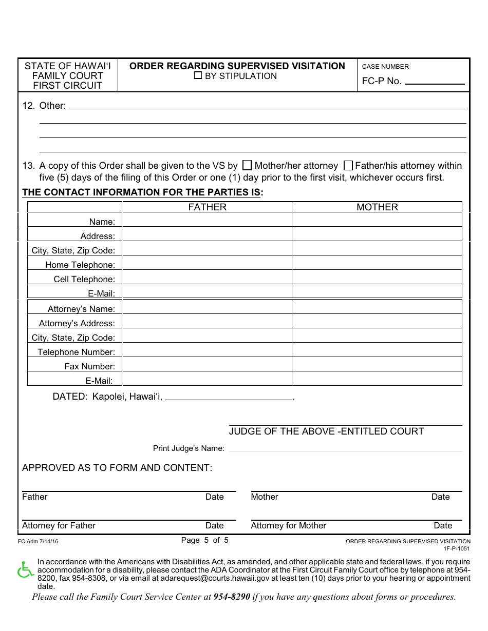 Form 1f P 1051 Download Fillable Pdf Or Fill Online Order Regarding Supervised Visitation 9112