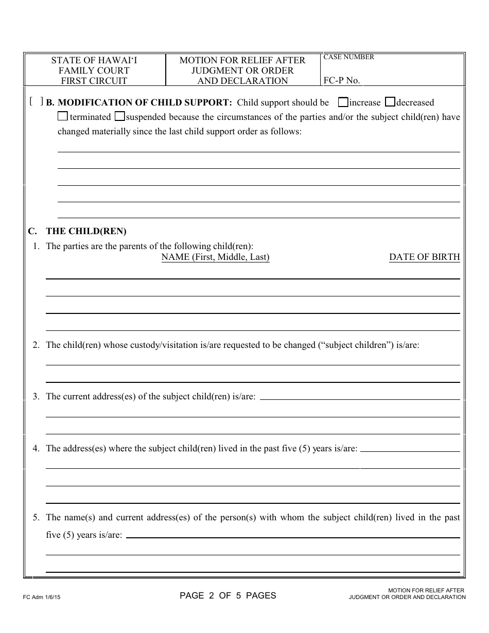 Form 1F-P-996 Motion for Relief After Judgment or Order and Declaration - Hawaii, Page 3