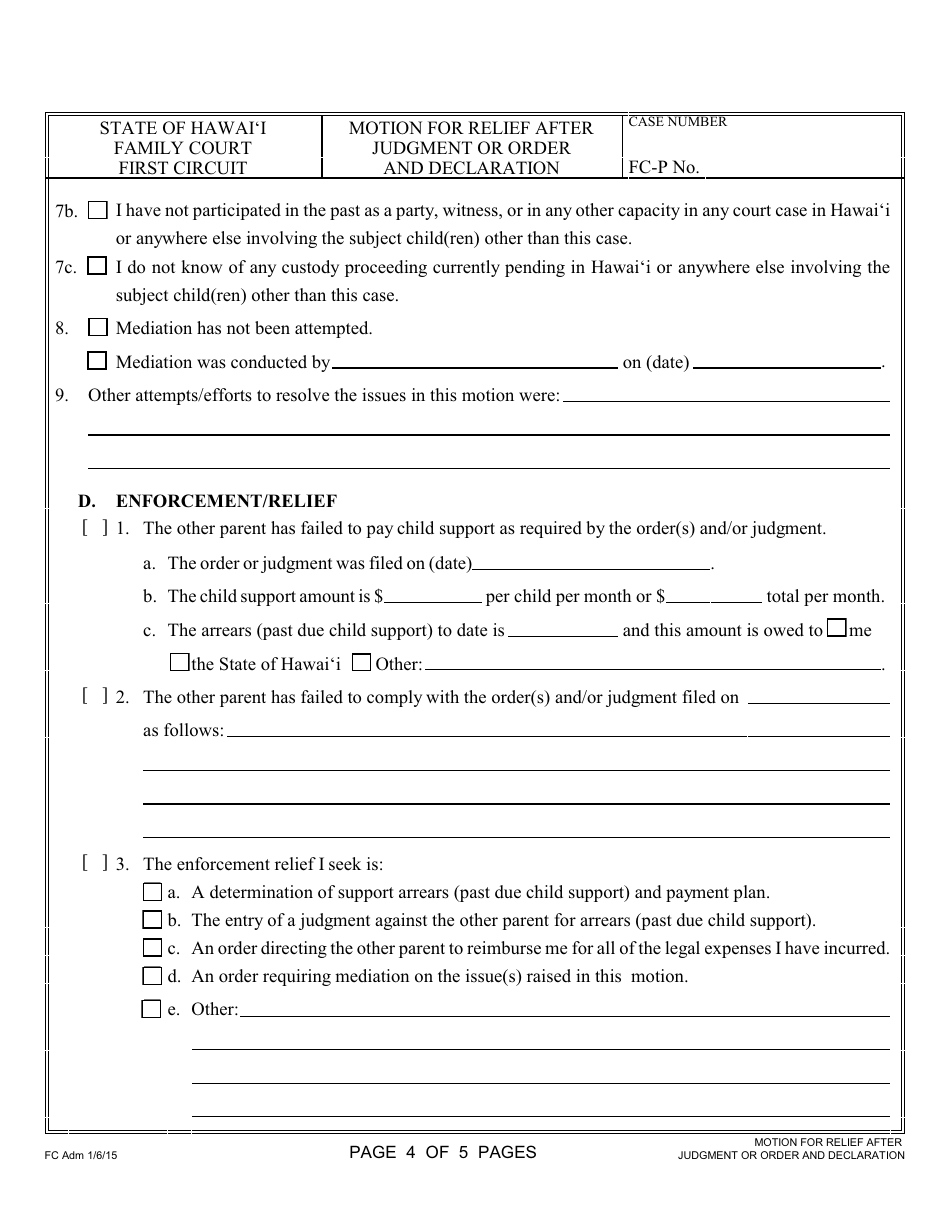 Form 1F-P-996 Motion for Relief After Judgment or Order and Declaration - Hawaii, Page 5