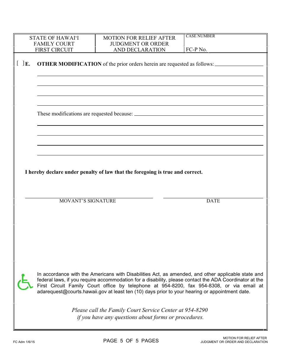 Form 1F-P-996 Motion for Relief After Judgment or Order and Declaration - Hawaii, Page 6