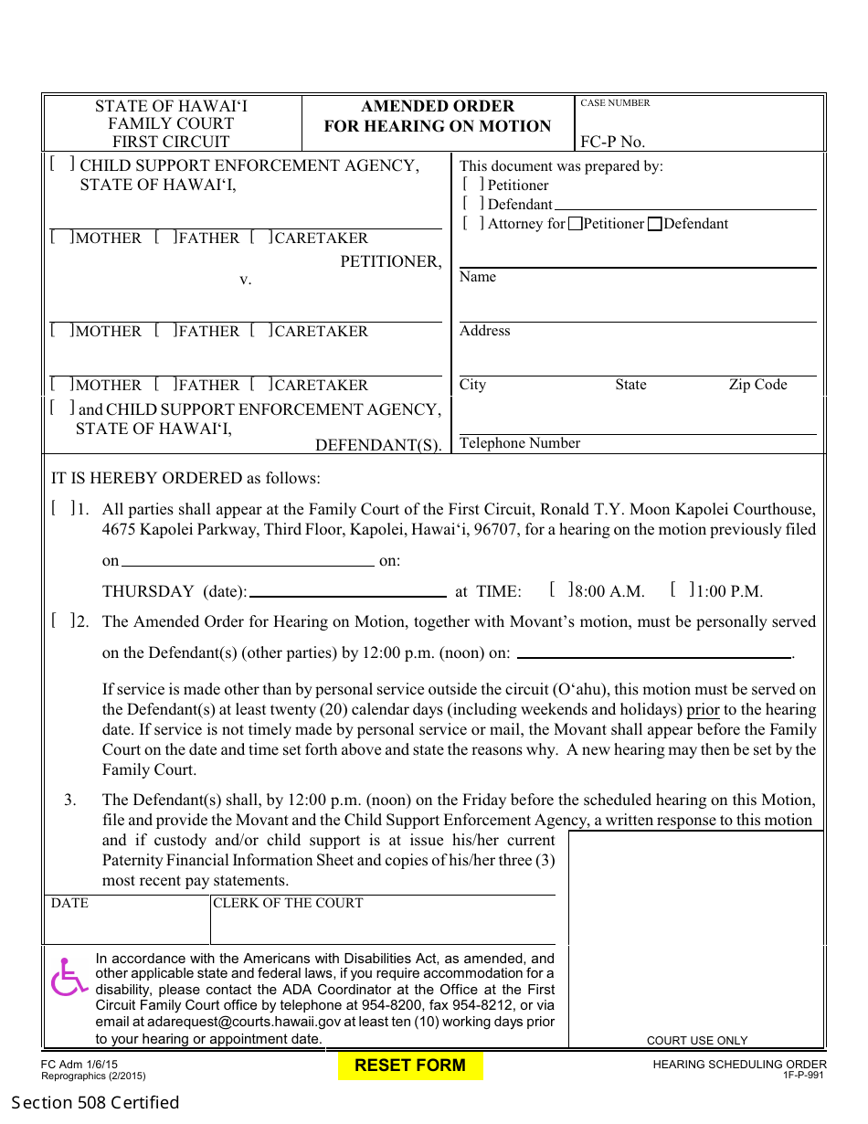 Form 1F-P-991 Amended Order for Hearing on Motion - Hawaii, Page 2