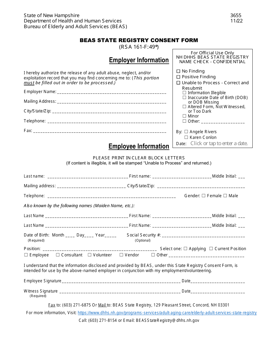 Form 3655 Beas State Registry Consent Form - New Hampshire, Page 1