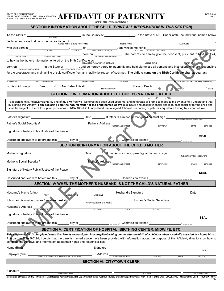Form DCSS s698 Affidavit of Paternity - Sample - New Hampshire, Page 1