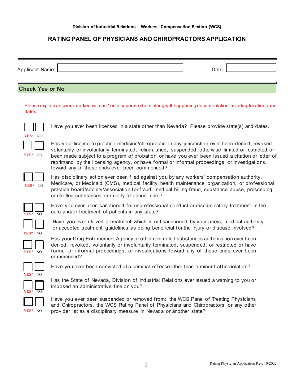 Rating Panel of Physicians and Chiropractors Application - Nevada, Page 2