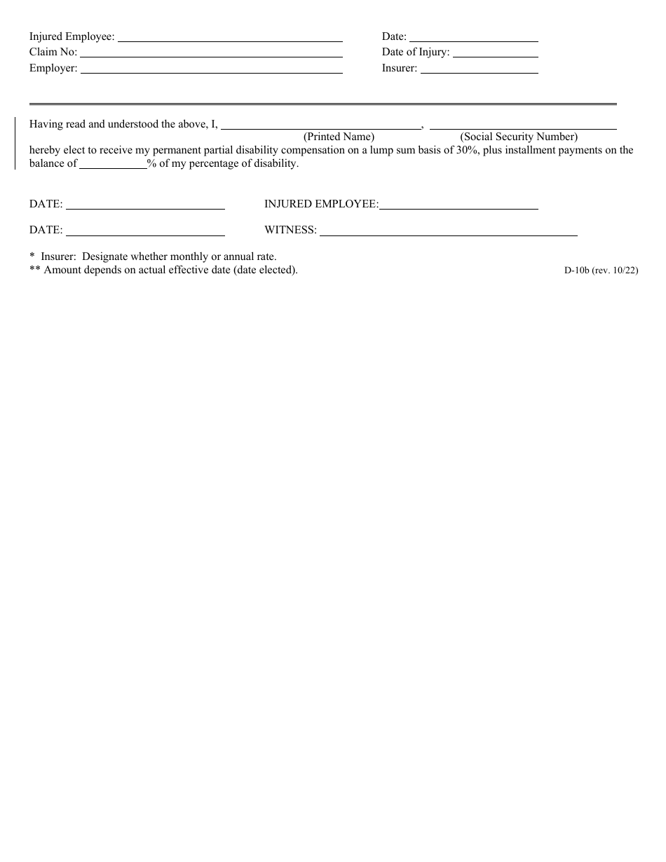 Form D-10B Election of Lump Sum Payment of Compensation for Disability Greater Than 30% Pursuant to Nrs 616c.495(1)(F), (2) and (3) - Nevada, Page 2