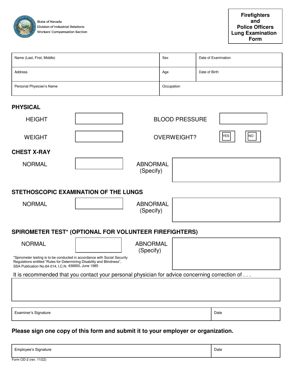 Form OD-2 Firefighters and Police Officers Lung Examination Form - Nevada, Page 1