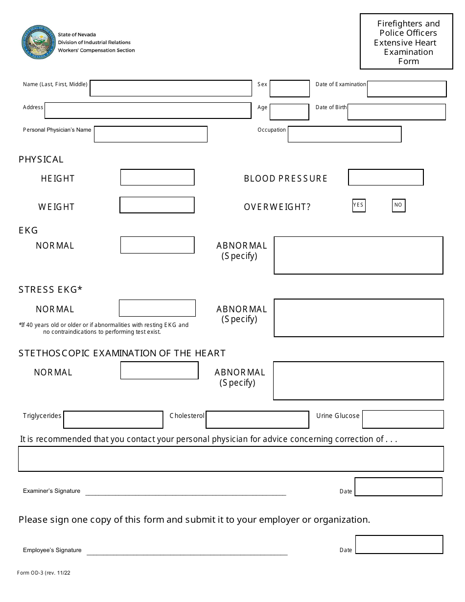 Form OD-3 Firefighters and Police Officers Extensive Heart Examination Form - Nevada, Page 1
