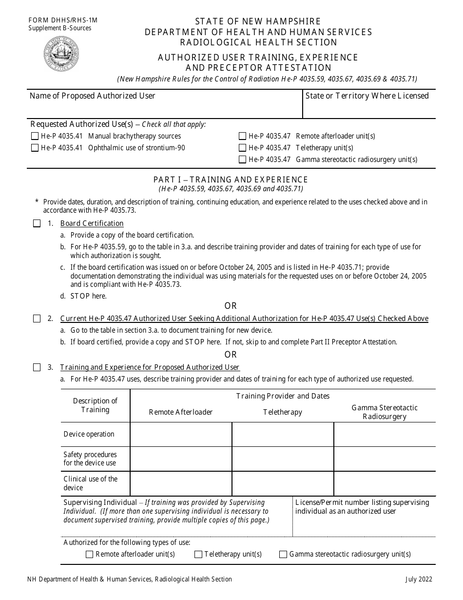 Form DHHS / RHS-1M Supplement B-SOURCES Authorized User Training, Experience and Preceptor Attestation - New Hampshire, Page 1