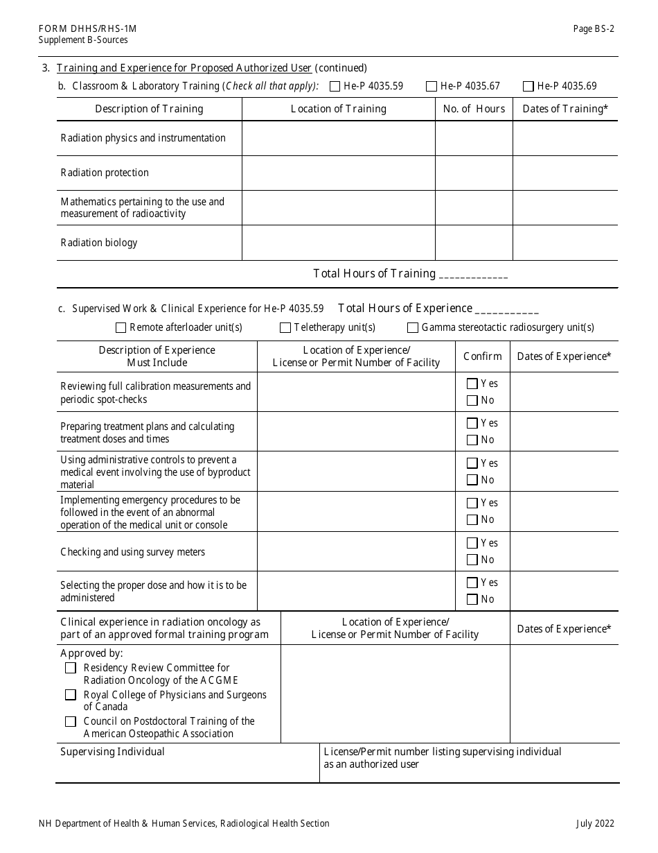 Form DHHS / RHS-1M Supplement B-SOURCES Authorized User Training, Experience and Preceptor Attestation - New Hampshire, Page 2