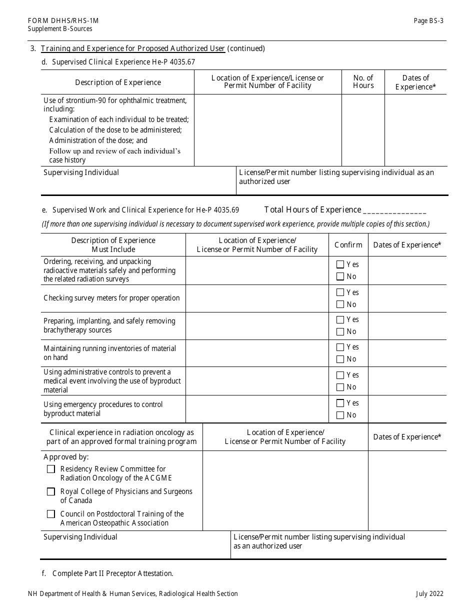 Form DHHS / RHS-1M Supplement B-SOURCES Authorized User Training, Experience and Preceptor Attestation - New Hampshire, Page 3