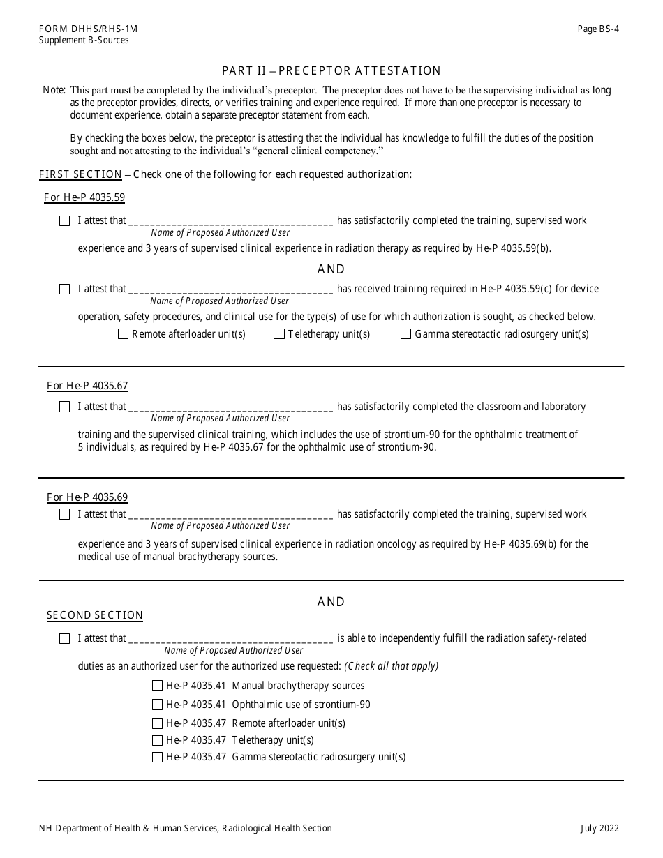 Form DHHS / RHS-1M Supplement B-SOURCES Authorized User Training, Experience and Preceptor Attestation - New Hampshire, Page 4