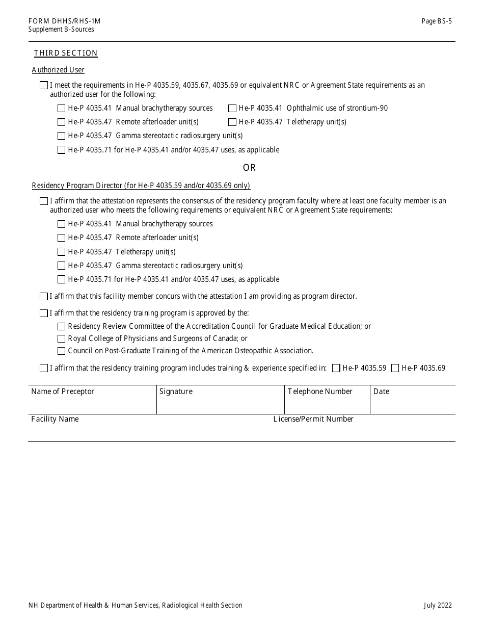 Form DHHS / RHS-1M Supplement B-SOURCES Authorized User Training, Experience and Preceptor Attestation - New Hampshire, Page 5
