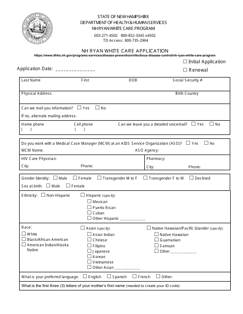 Nh Ryan White Care Application - New Hampshire