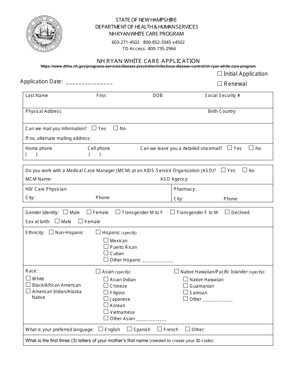 Nh Ryan White Care Application - New Hampshire, Page 1