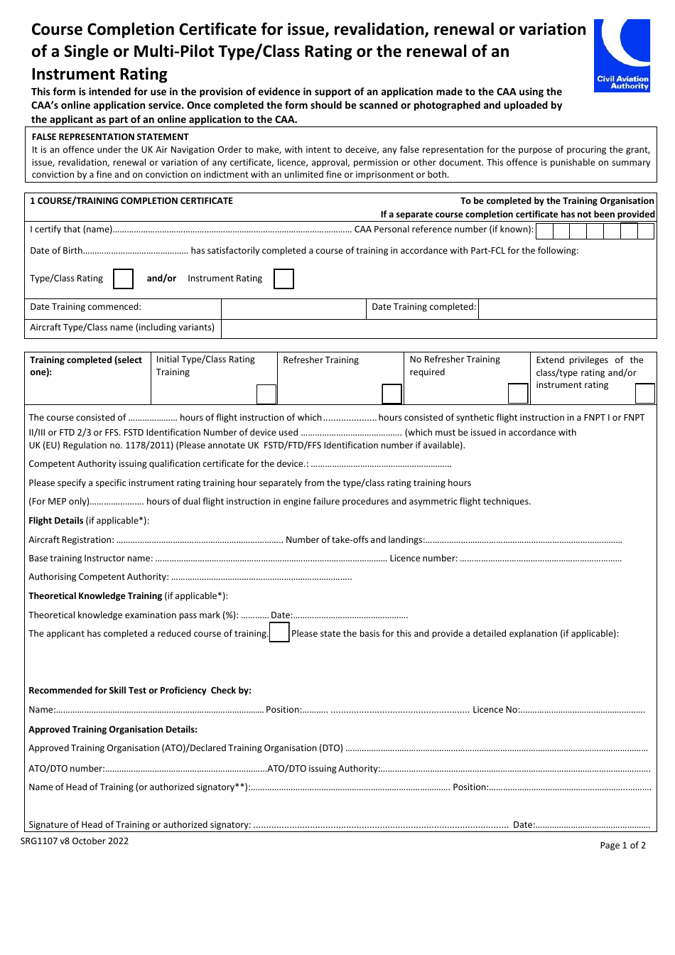 Form SRG1107 Course Completion Certificate for Issue, Revalidation, Renewal or Variation of a Single or Multi-Pilot Type / Class Rating or the Renewal of an Instrument Rating - United Kingdom, Page 1
