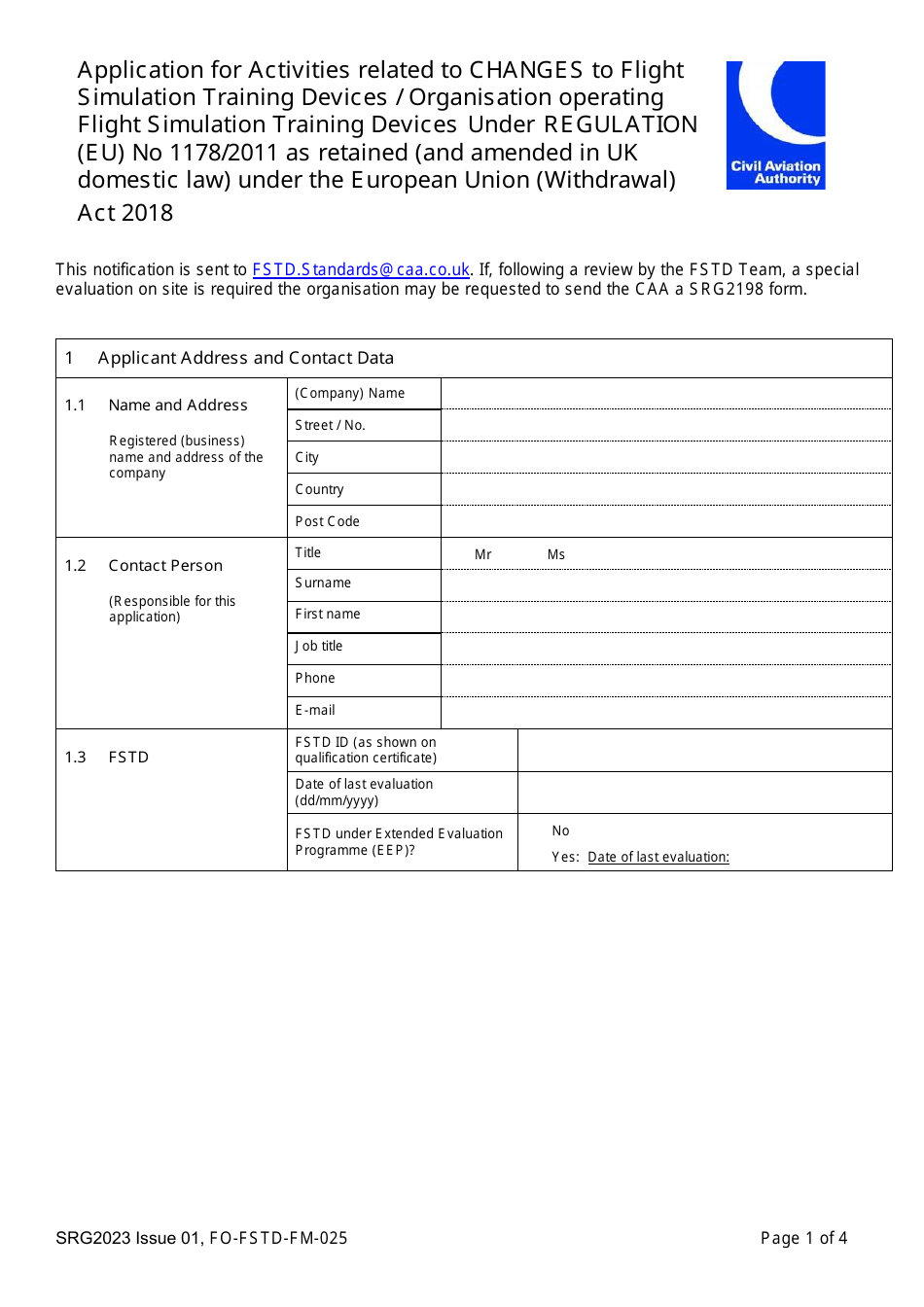 Form SRG2023 Application for Activities Related to Changes to Flight Simulation Training Devices/Organisation Operating Flight Simulation Training Devices Under Regulation (Eu) No 1178/2011 as Retained (And Amended in UK Domestic Law) Under the European Union (Withdrawal) Act 2018 - United Kingdom, Page 1