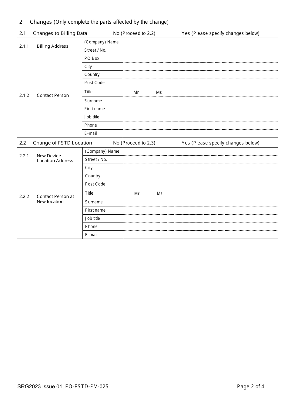 Form SRG2023 Application for Activities Related to Changes to Flight Simulation Training Devices / Organisation Operating Flight Simulation Training Devices Under Regulation (Eu) No 1178 / 2011 as Retained (And Amended in UK Domestic Law) Under the European Union (Withdrawal) Act 2018 - United Kingdom, Page 2