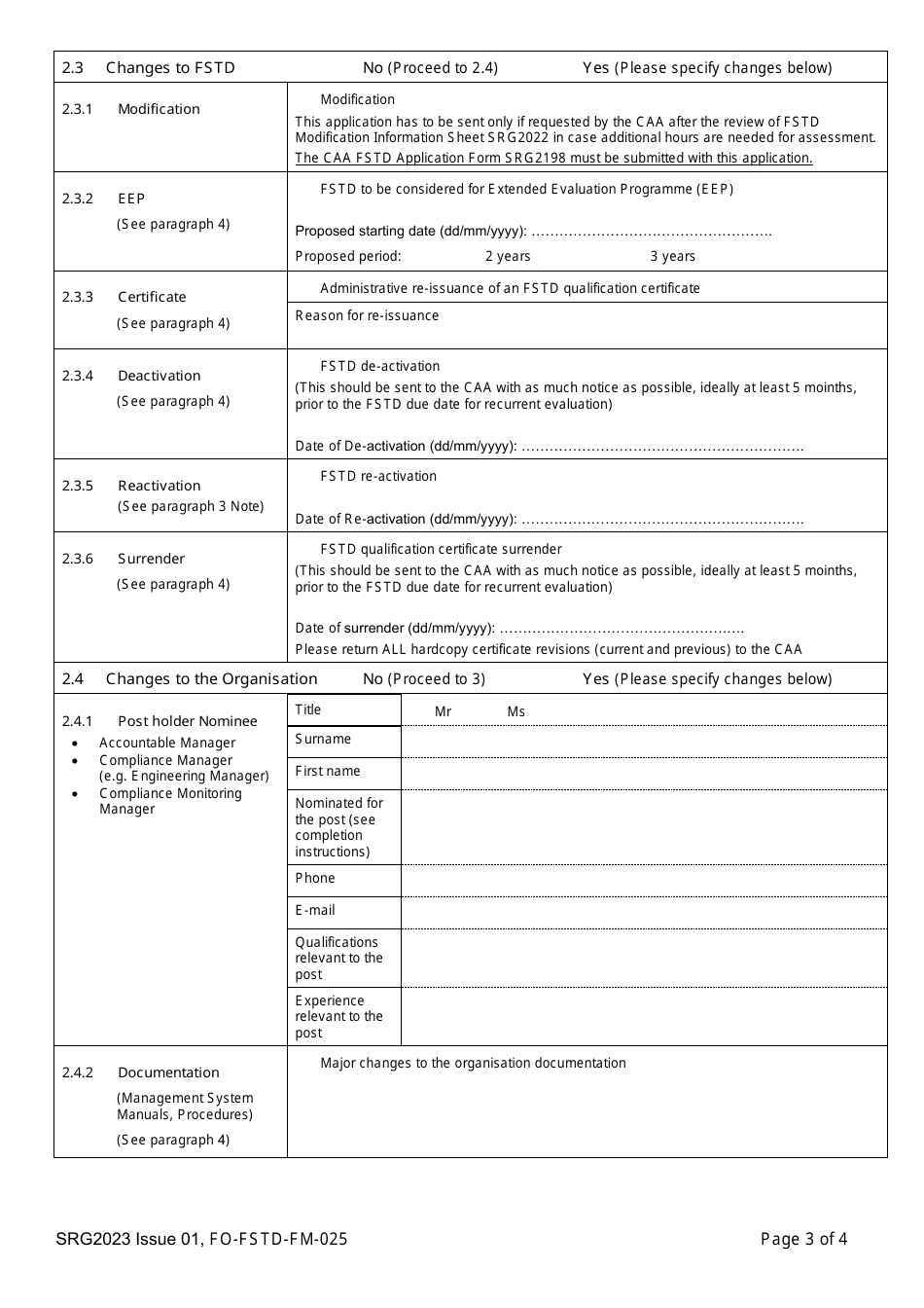 Form SRG2023 Application for Activities Related to Changes to Flight Simulation Training Devices / Organisation Operating Flight Simulation Training Devices Under Regulation (Eu) No 1178 / 2011 as Retained (And Amended in UK Domestic Law) Under the European Union (Withdrawal) Act 2018 - United Kingdom, Page 3