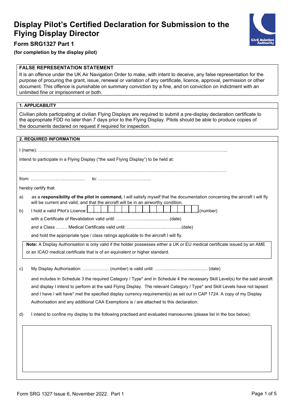 Form SRG1327 Display Pilots Certified Declaration for Submission to the Flying Display Director - United Kingdom, Page 1