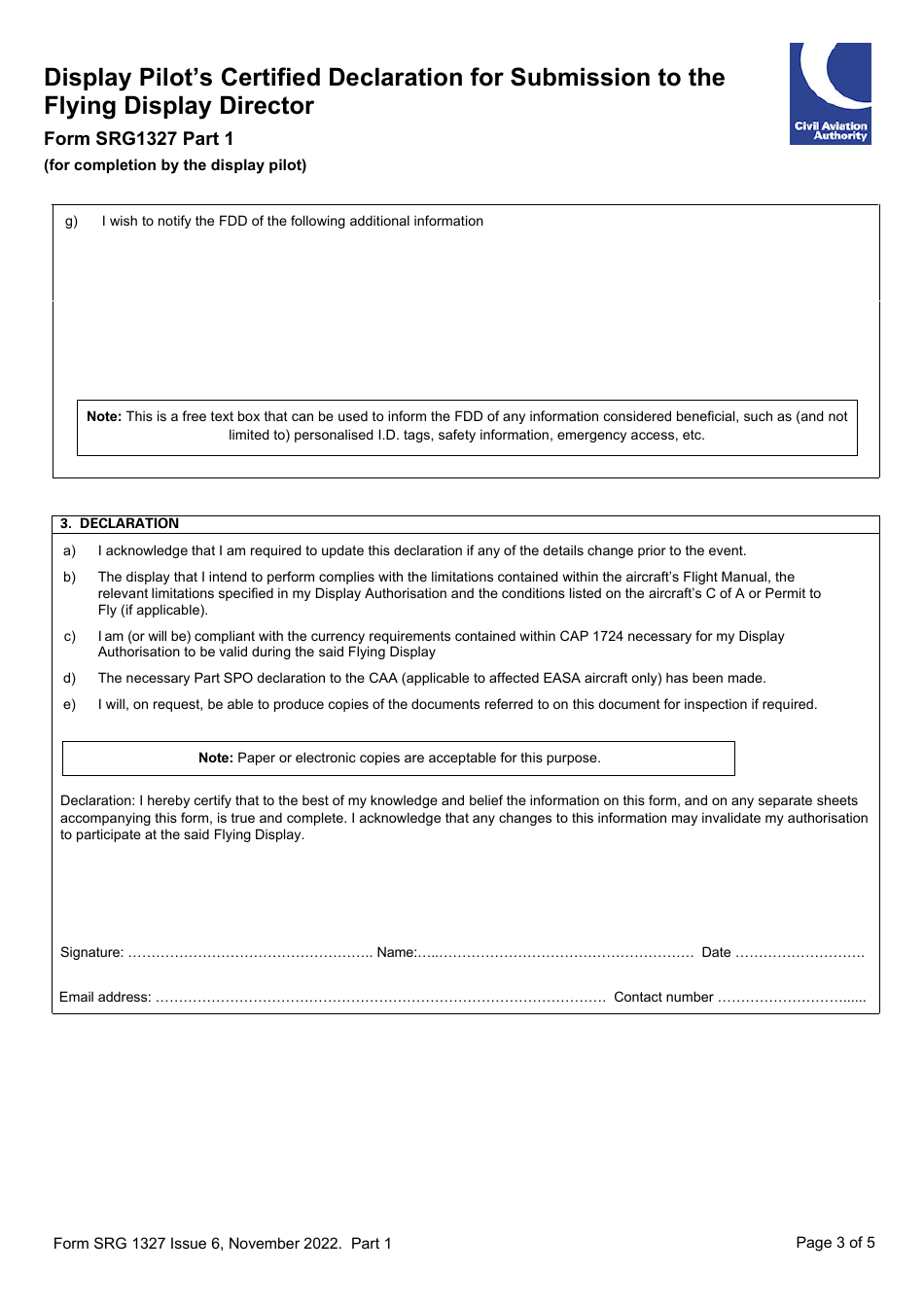Form SRG1327 Display Pilots Certified Declaration for Submission to the Flying Display Director - United Kingdom, Page 3