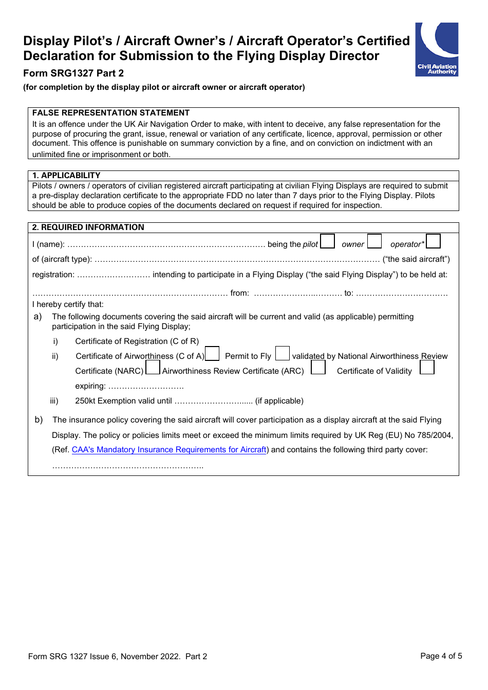 Form SRG1327 Display Pilots Certified Declaration for Submission to the Flying Display Director - United Kingdom, Page 4