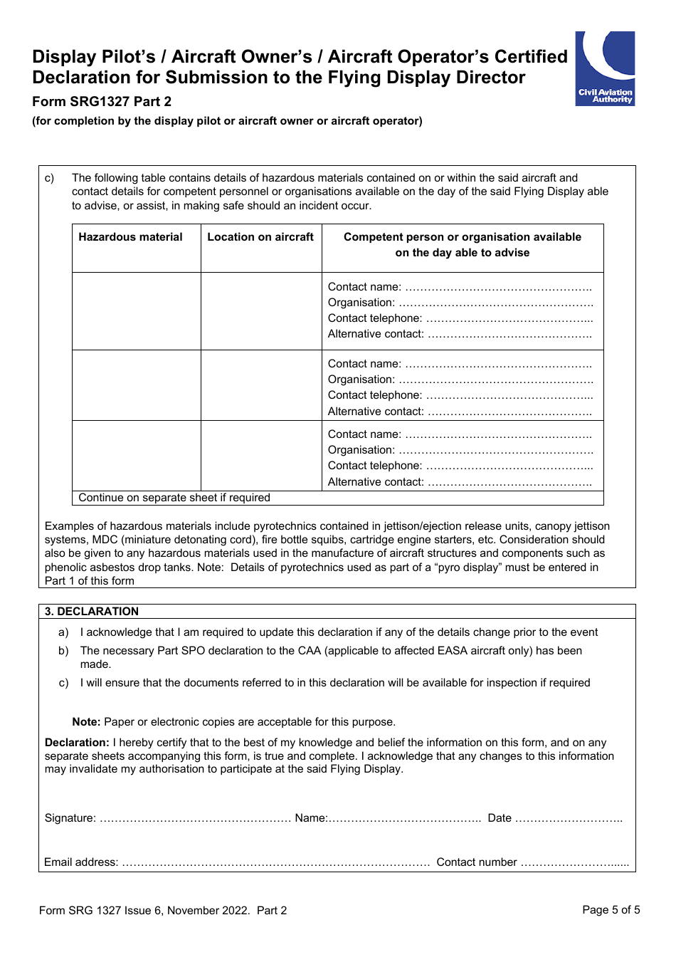 Form SRG1327 Display Pilots Certified Declaration for Submission to the Flying Display Director - United Kingdom, Page 5