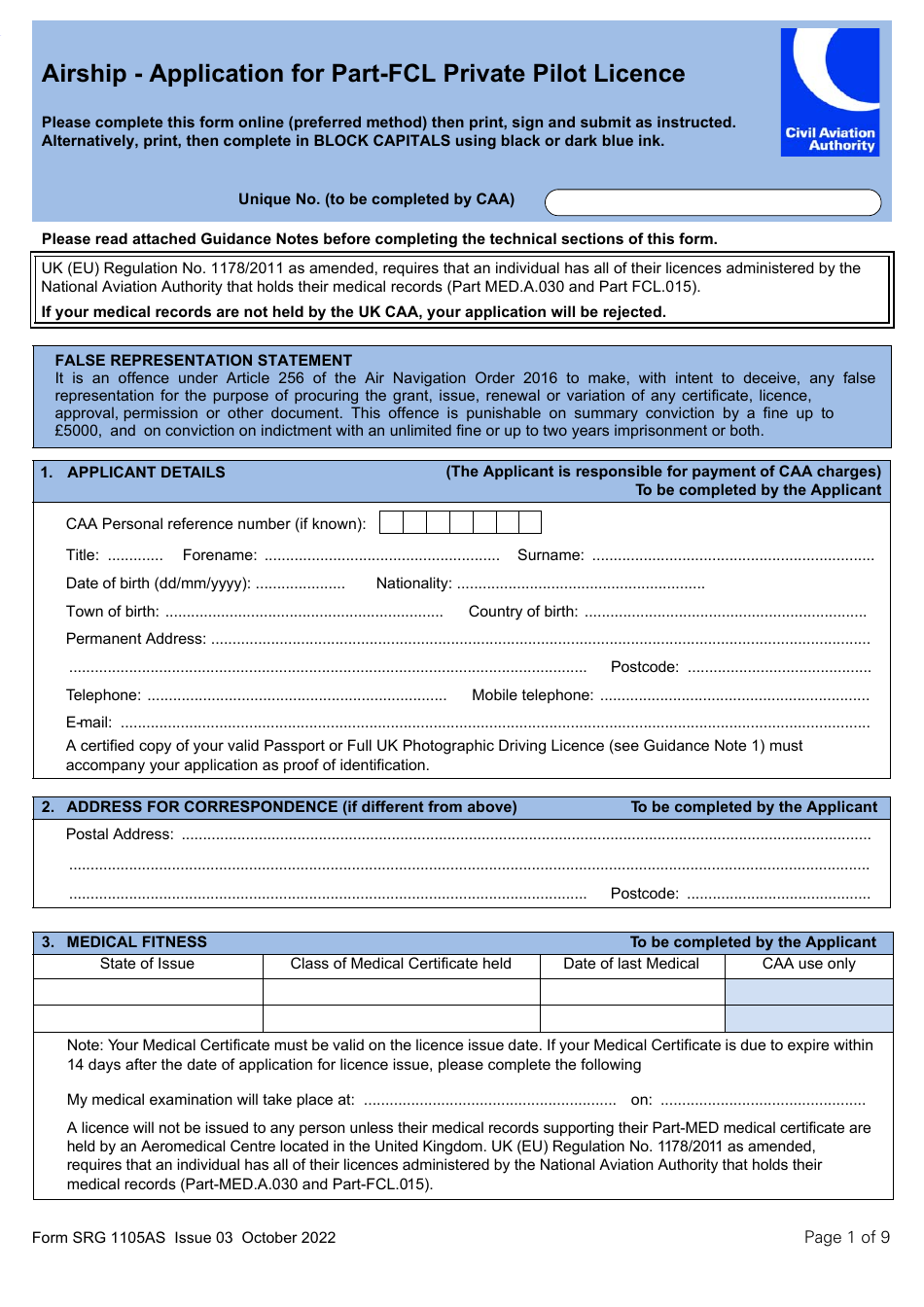 Form SRG1105AS Airship - Application for Part-Fcl Private Pilot Licence - United Kingdom, Page 1