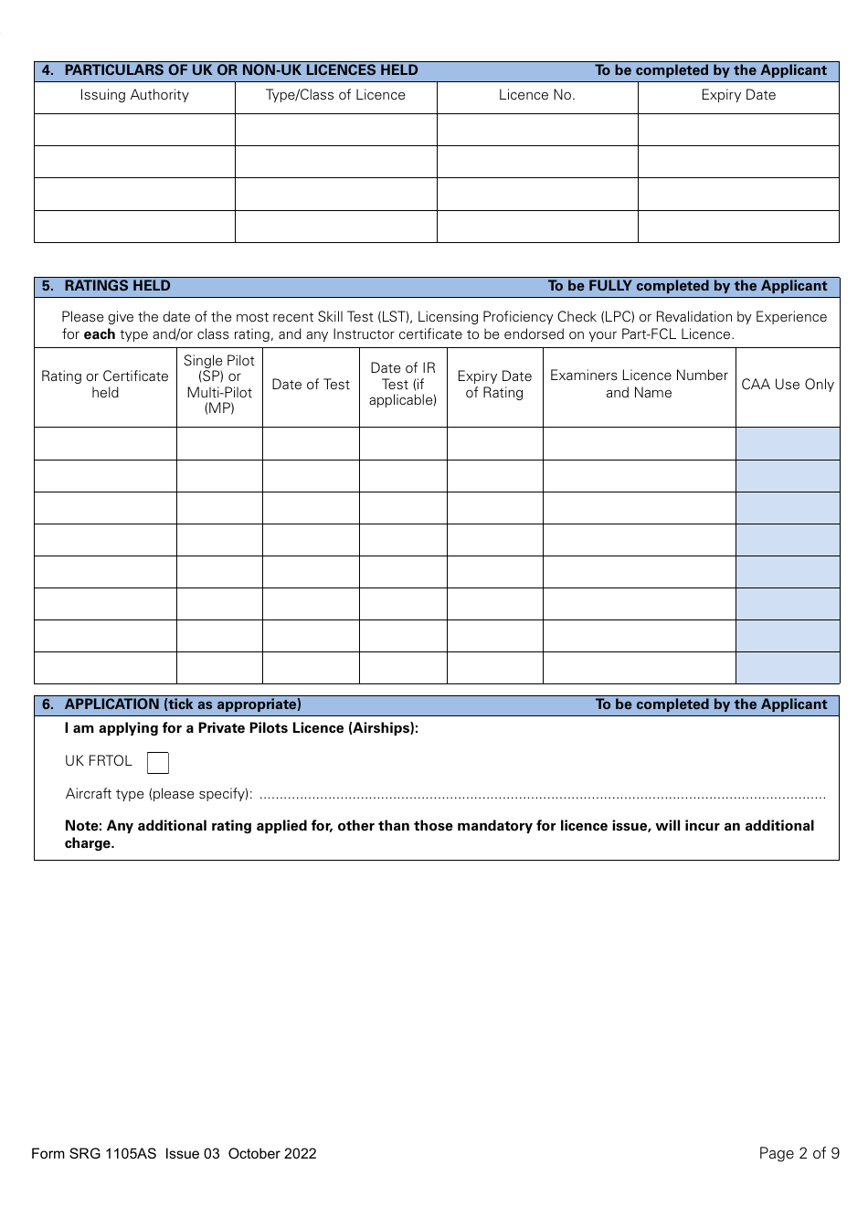 Form SRG1105AS Airship - Application for Part-Fcl Private Pilot Licence - United Kingdom, Page 2