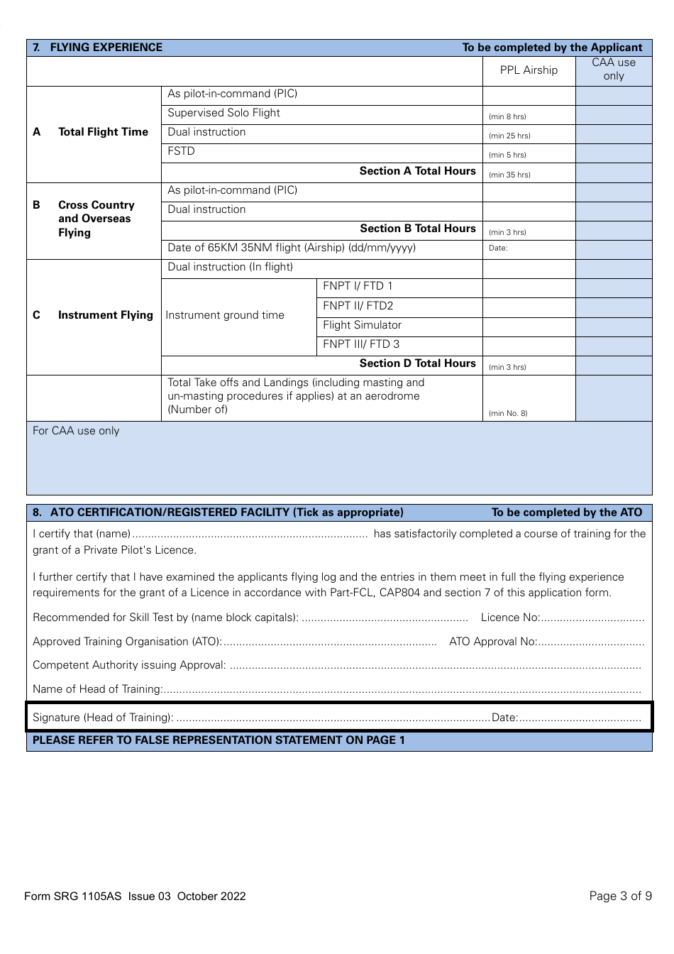 Form SRG1105AS Airship - Application for Part-Fcl Private Pilot Licence - United Kingdom, Page 3