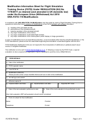 Form SRG2022 Modification Information Sheet for Flight Simulation Training Device (Fstd) Under Regulation (Eu) No 1178/2011 as Retained (And Amended in UK Domestic Law) Under the European Union (Withdrawal) Act 2018 Ora.fstd.110 Modifications - United Kingdom