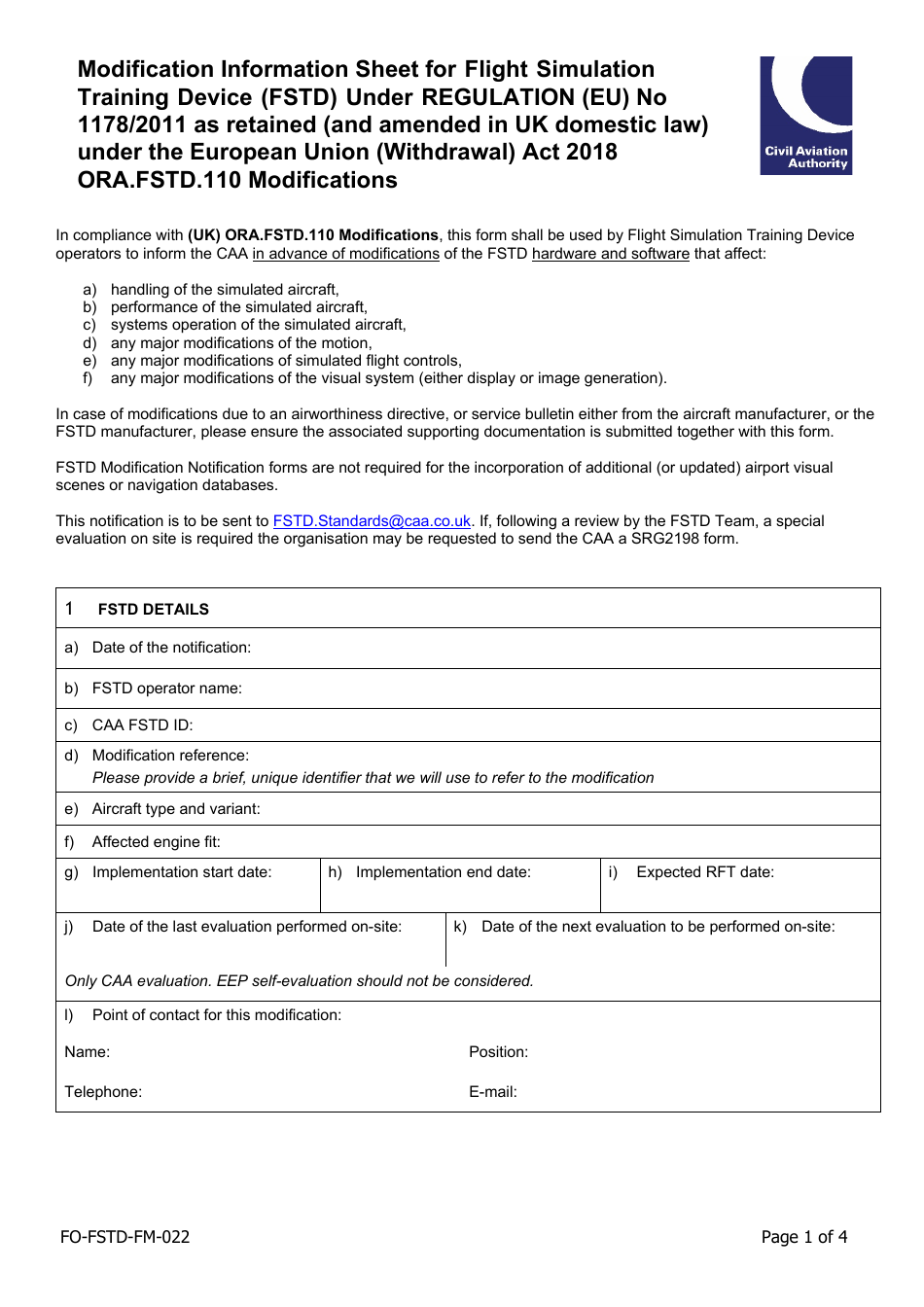 Form SRG2022 Modification Information Sheet for Flight Simulation Training Device (Fstd) Under Regulation (Eu) No 1178 / 2011 as Retained (And Amended in UK Domestic Law) Under the European Union (Withdrawal) Act 2018 Ora.fstd.110 Modifications - United Kingdom, Page 1