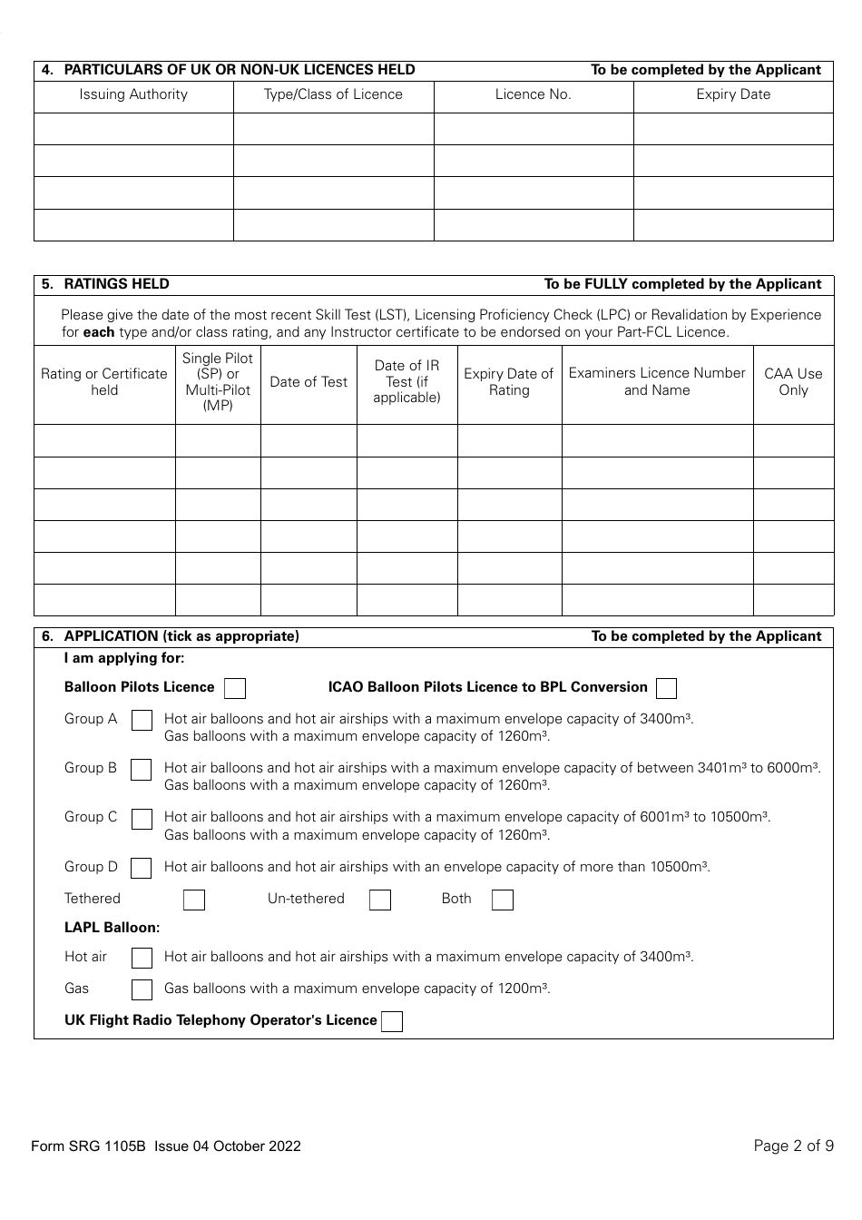 Form SRG1105B Balloon - Application for Part-Fcl Balloon Pilot Licence and Light Aircraft Pilot Licence - United Kingdom, Page 2