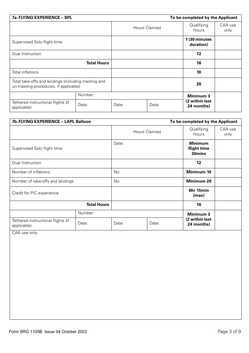 Form SRG1105B Balloon - Application for Part-Fcl Balloon Pilot Licence and Light Aircraft Pilot Licence - United Kingdom, Page 3