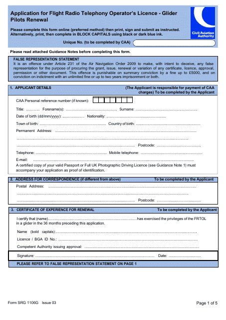 Document preview: Form SRG1106G Application for Flight Radio Telephony Operator's Licence - Glider Pilots Renewal - United Kingdom