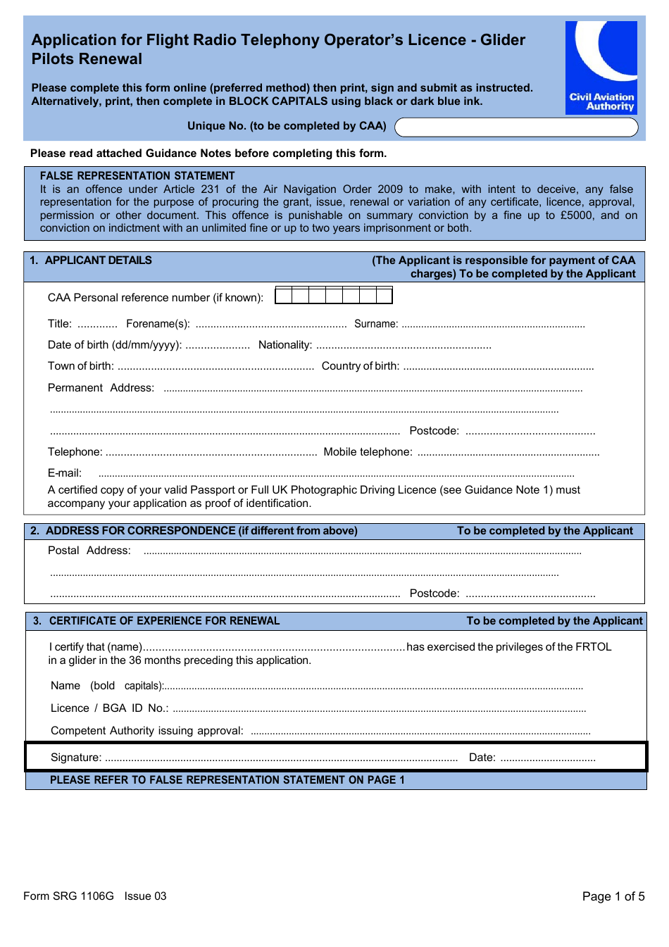 Form SRG1106G Application for Flight Radio Telephony Operators Licence - Glider Pilots Renewal - United Kingdom, Page 1