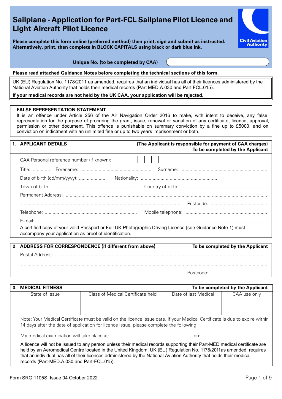 Form SRG1105S Sailplane - Application for Part-Fcl Sailplane Pilot Licence and Light Aircraft Pilot Licence - United Kingdom, Page 1
