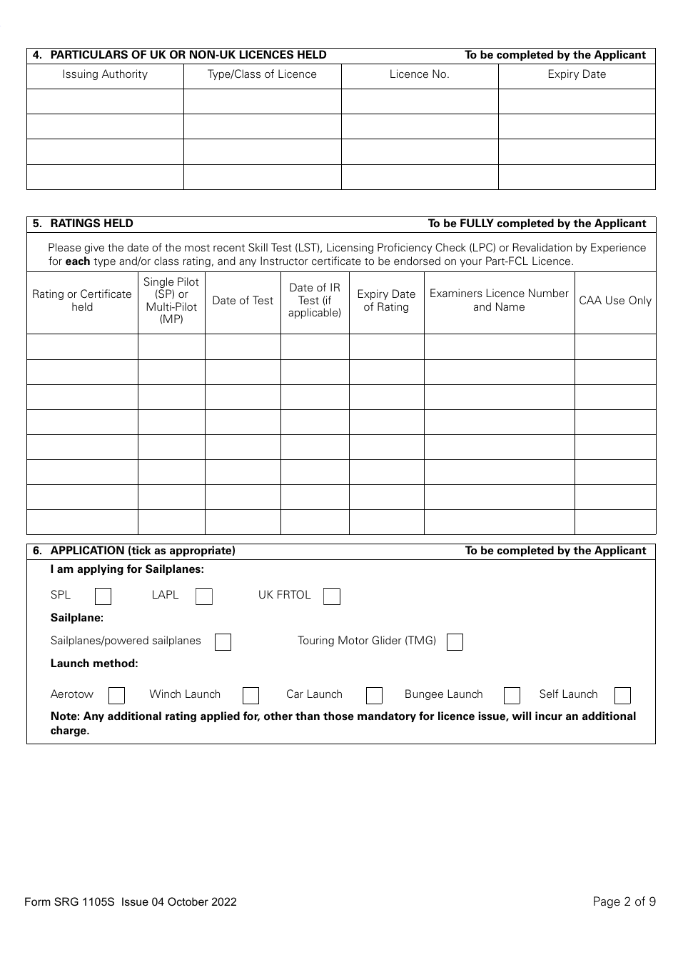Form SRG1105S Sailplane - Application for Part-Fcl Sailplane Pilot Licence and Light Aircraft Pilot Licence - United Kingdom, Page 2