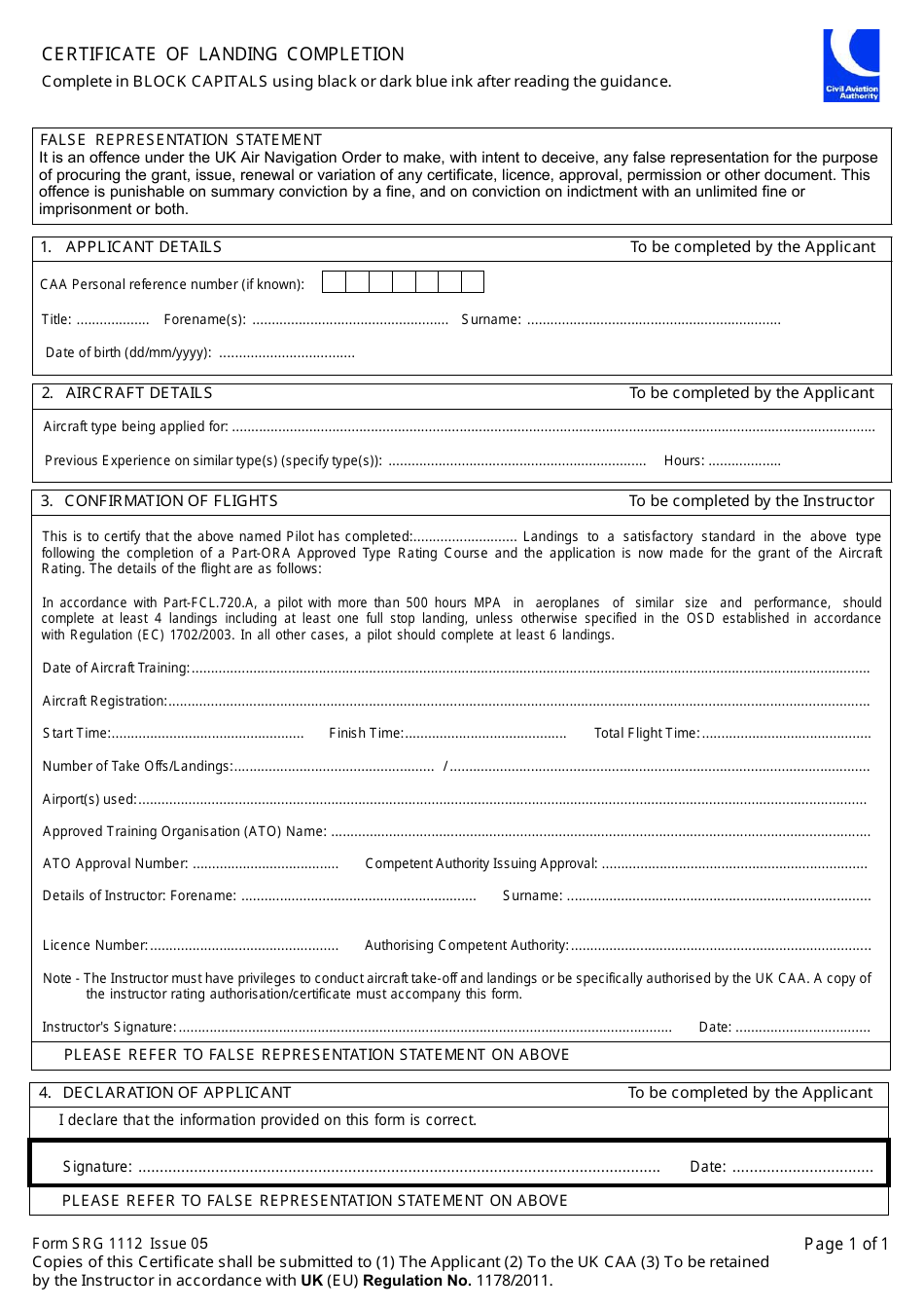 Form SRG1112 Certificate of Landing Completion - United Kingdom, Page 1