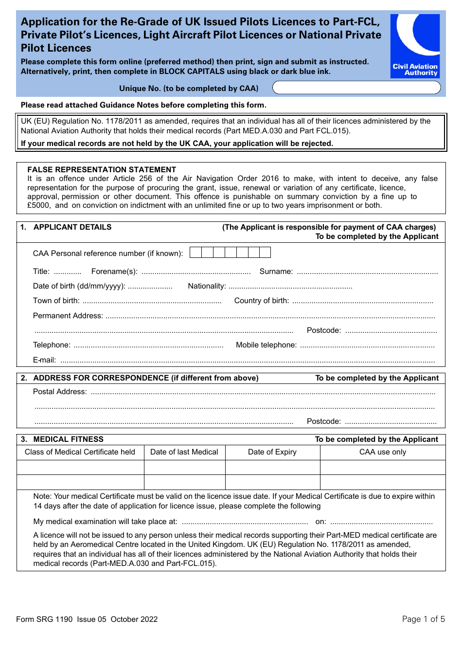 Form SRG1190 Application for the Re-grade of UK Issued Pilots Licences to Part-Fcl, Private Pilots Licences, Light Aircraft Pilot Licences or National Private Pilot Licences - United Kingdom, Page 1