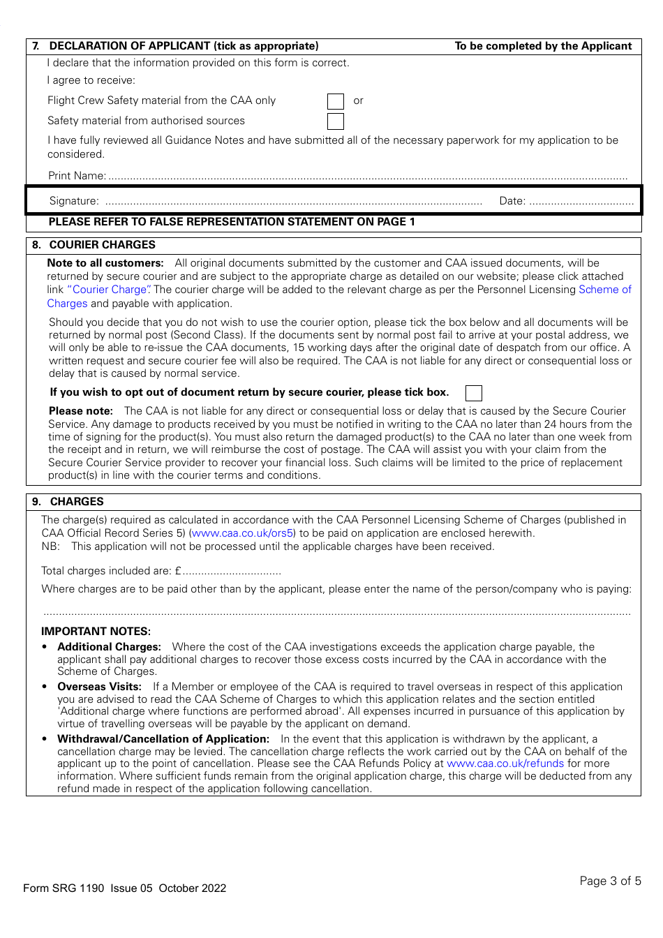 Form SRG1190 Application for the Re-grade of UK Issued Pilots Licences to Part-Fcl, Private Pilots Licences, Light Aircraft Pilot Licences or National Private Pilot Licences - United Kingdom, Page 3