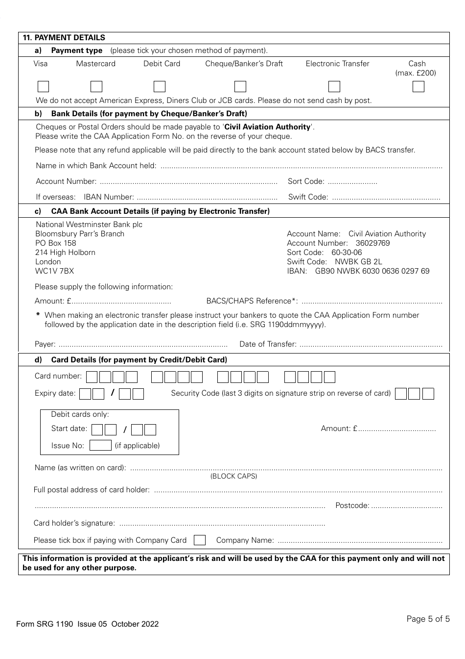 Form SRG1190 Application for the Re-grade of UK Issued Pilots Licences to Part-Fcl, Private Pilots Licences, Light Aircraft Pilot Licences or National Private Pilot Licences - United Kingdom, Page 5