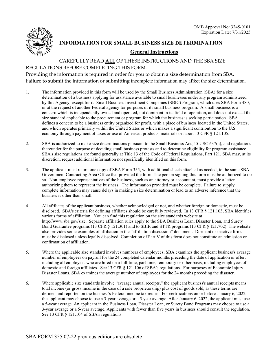 SBA Form 355 Information for Small Business Size Determination, Page 1