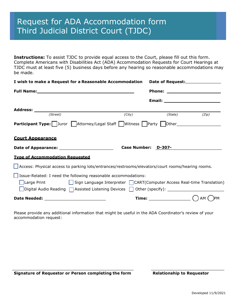 Request for Ada Accommodation Form Third Judicial District Court (Tjdc) - Minnesota, Page 1