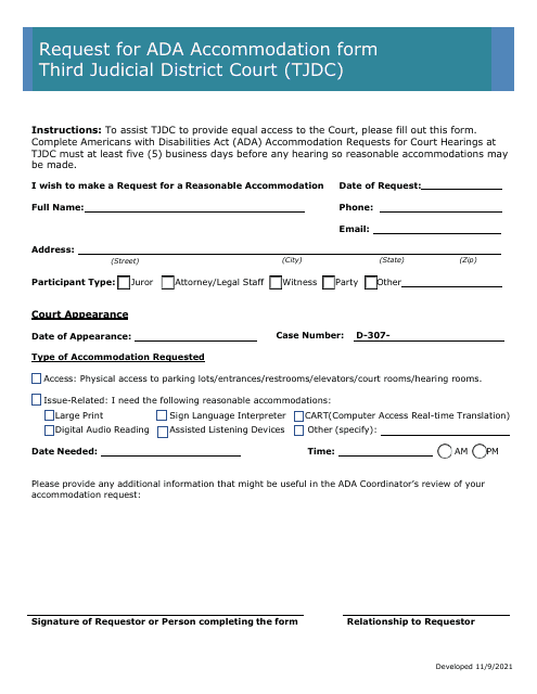 Request for Ada Accommodation Form Third Judicial District Court (Tjdc) - Minnesota